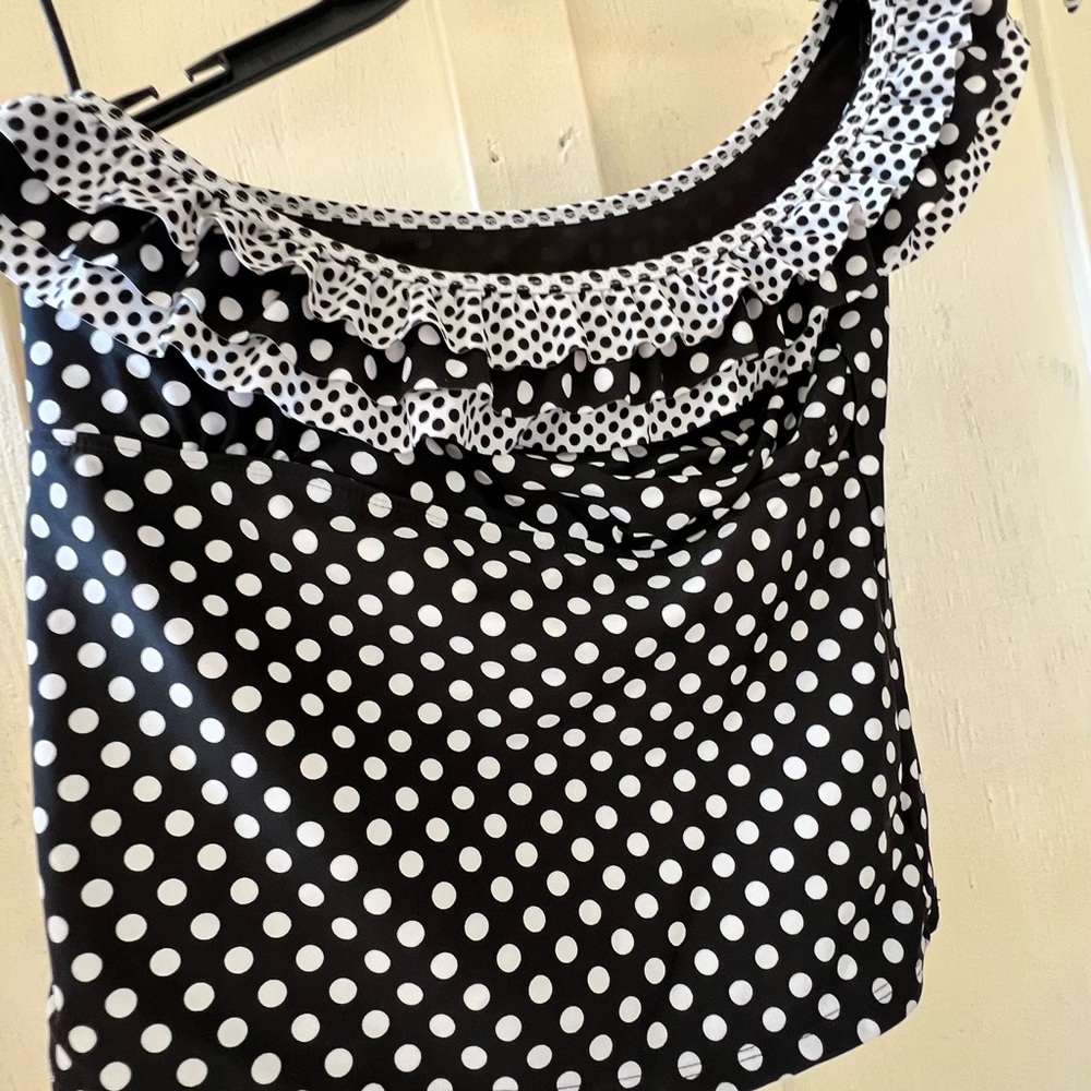 Vintage Late Sev Off One Shoulder OP Black and White Polka Dot Ruffle Blouse